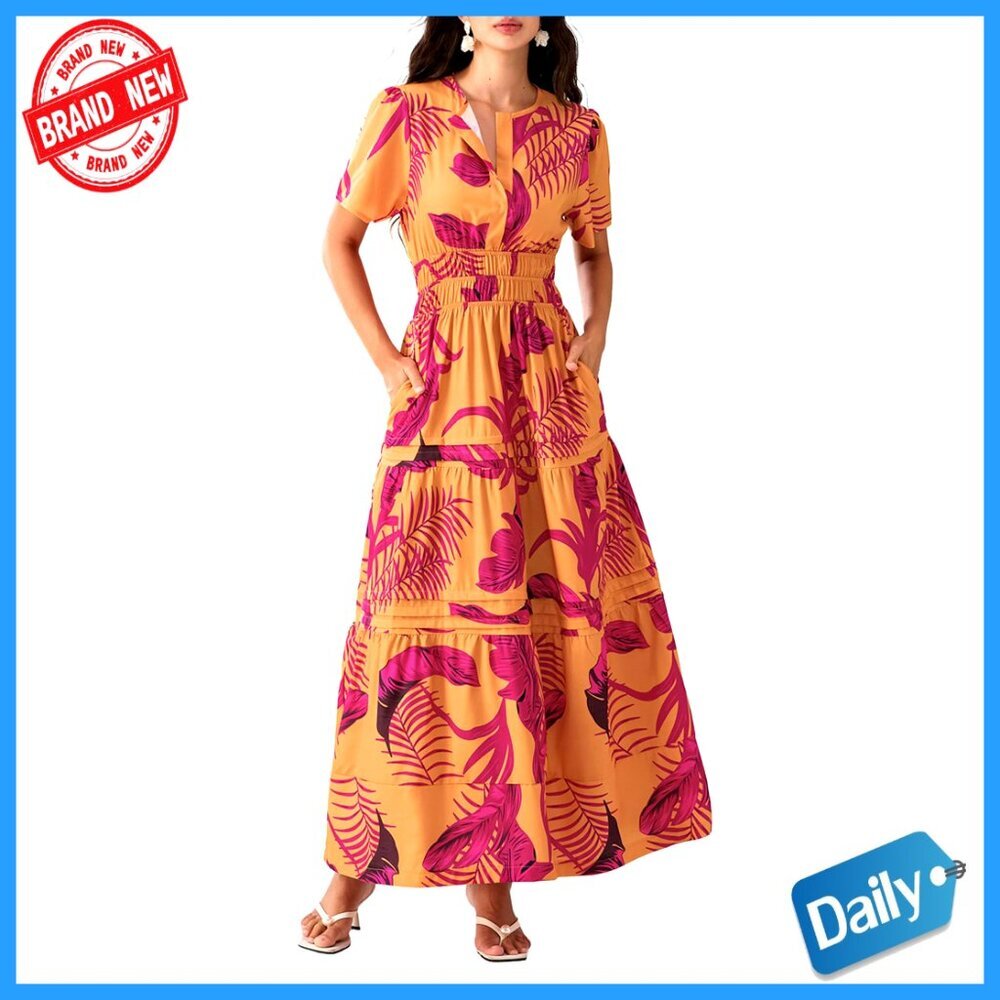 Short Sleeve V-Neck Smocked Maxi Dress with Pockets - Flowy Tiered Design